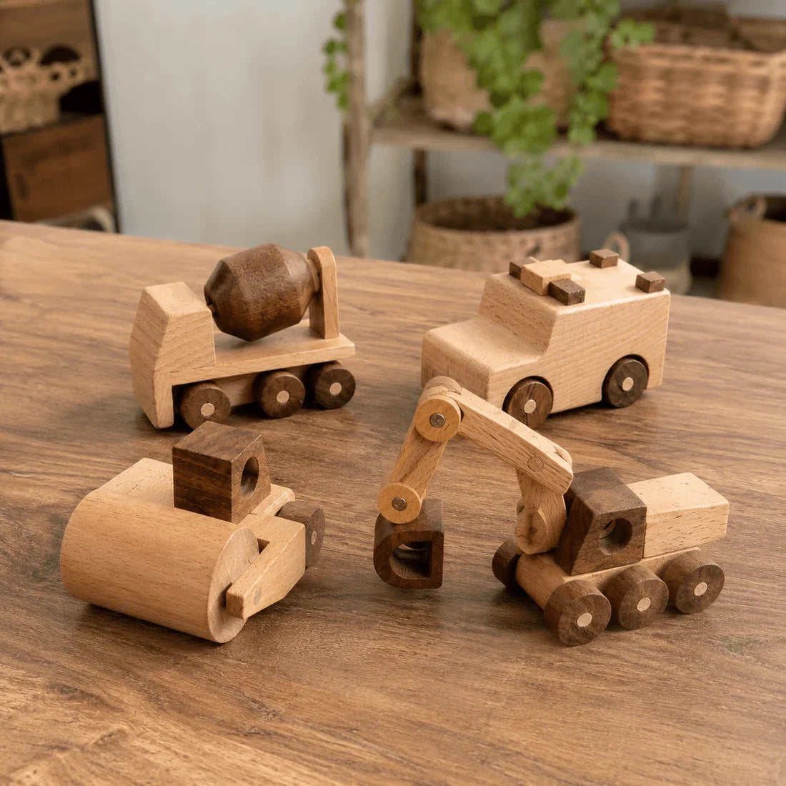 Wooden Construction Vehicle Toy Set for Toddlers – 4 Handmade Beech Wood Vehicles