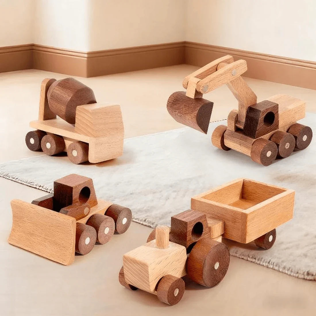 Wooden Construction Vehicle Toy Set for Toddlers – 4 Handmade Beech Wood Vehicles